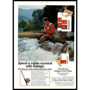 1974 Raleigh Cigarettes Milder Moment Vintage Print Ad Fly Fishing Nature Decor